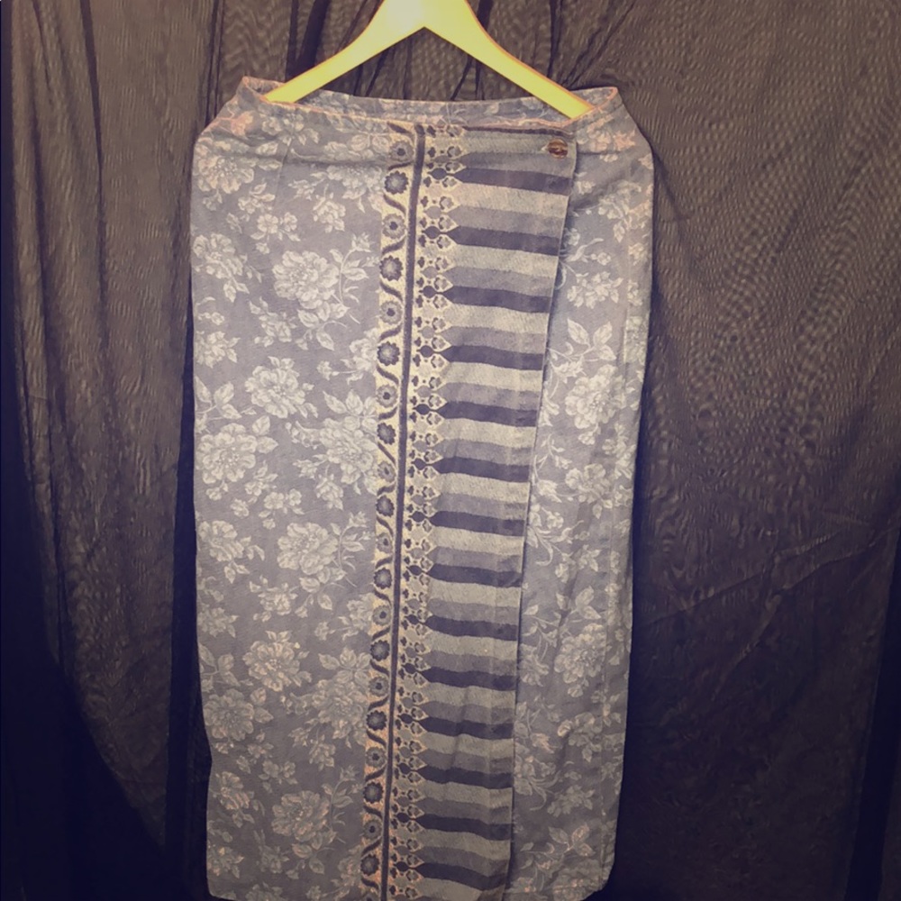 90s Vintage Denim Chambray Floral Wrap Maxi Skirt